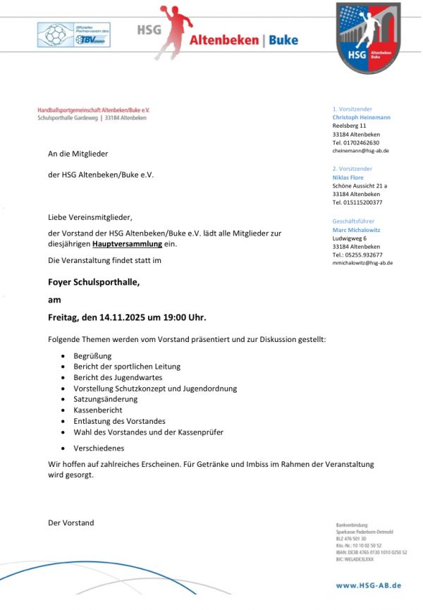 Einladung zur Jahreshauptversammlung am Freitag den 14.11.2025