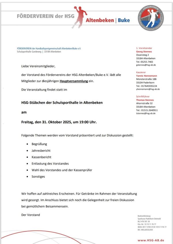 Hauptversammlung des Fördervereins der HSG am 31.10.25