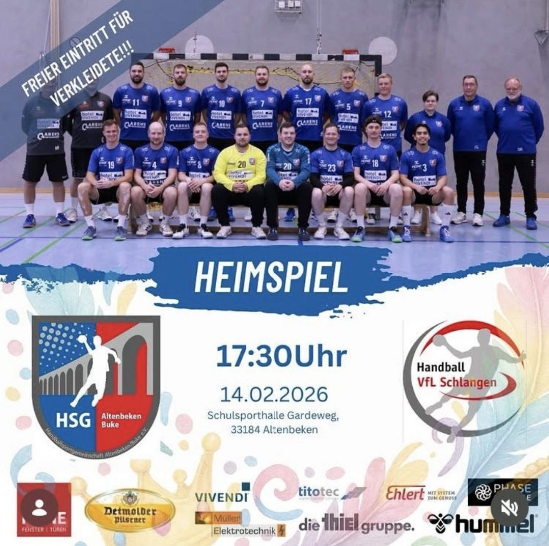 Die ERSTE empfängt den VfL Schlangen zum Derby. KostümierteZuschauende haben freien Eintritt.