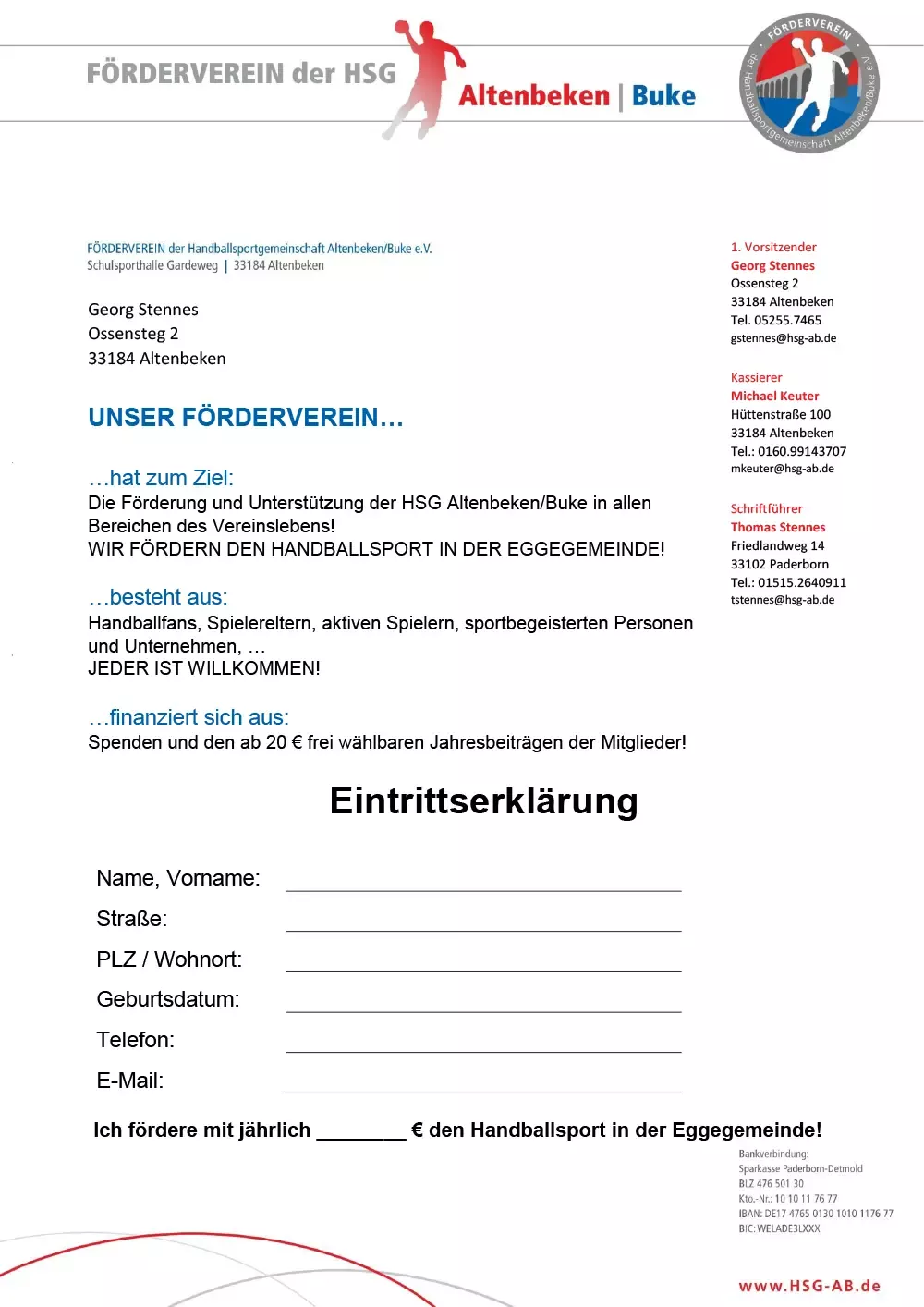 HSG Altenbeken/Buke förderverein eintrittserklärung