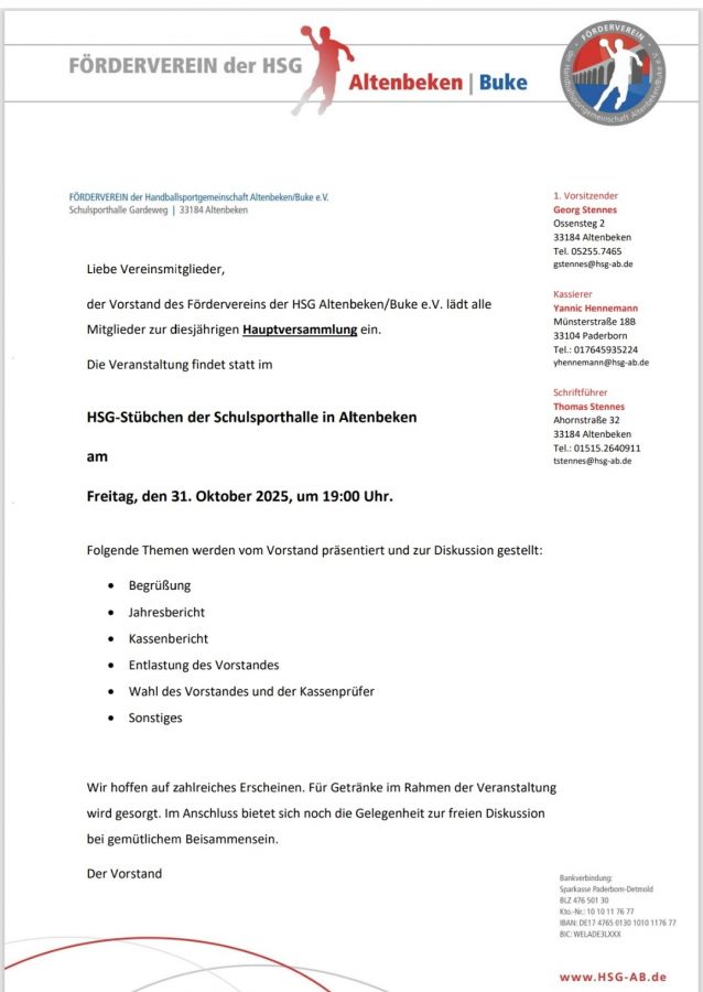 Hauptversammlung des Fördervereins der HSG am 31.10.25
