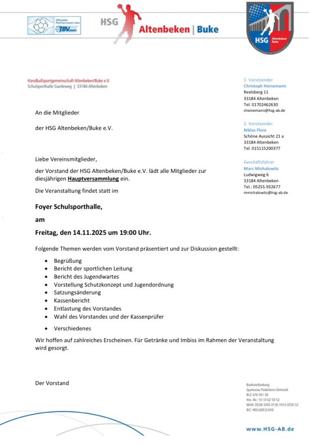 Einladung zur Jahreshauptversammlung am Freitag den 14.11.2025