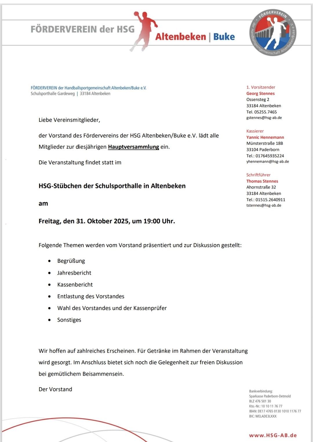Hauptversammlung des Fördervereins der HSG am 31.10.25 Hauptversammlung des Fördervereins der HSG am 31.10.25