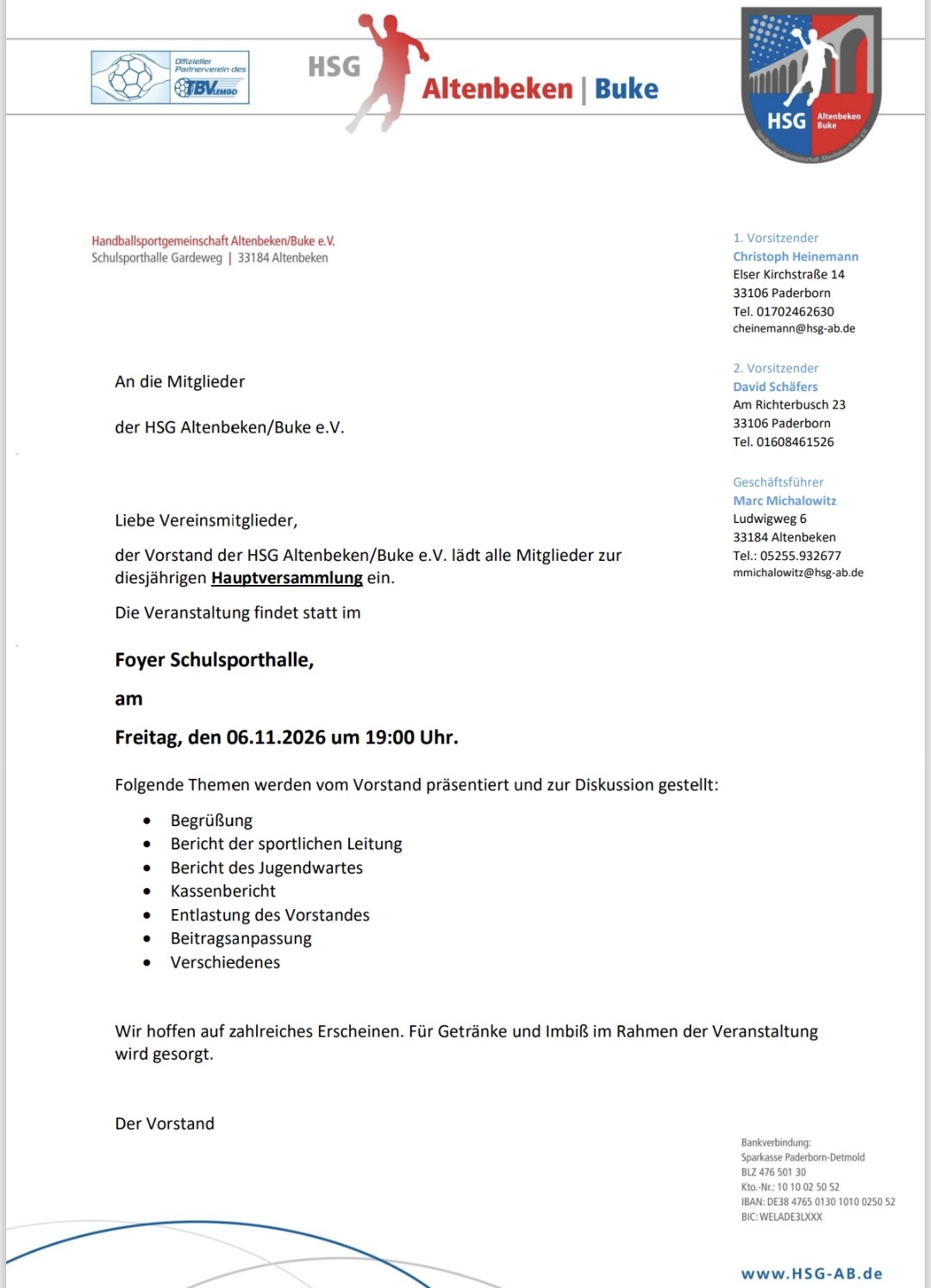 Einladung zur Hauptversammlung am 06.11.206 um 19 Uhr 1000040757